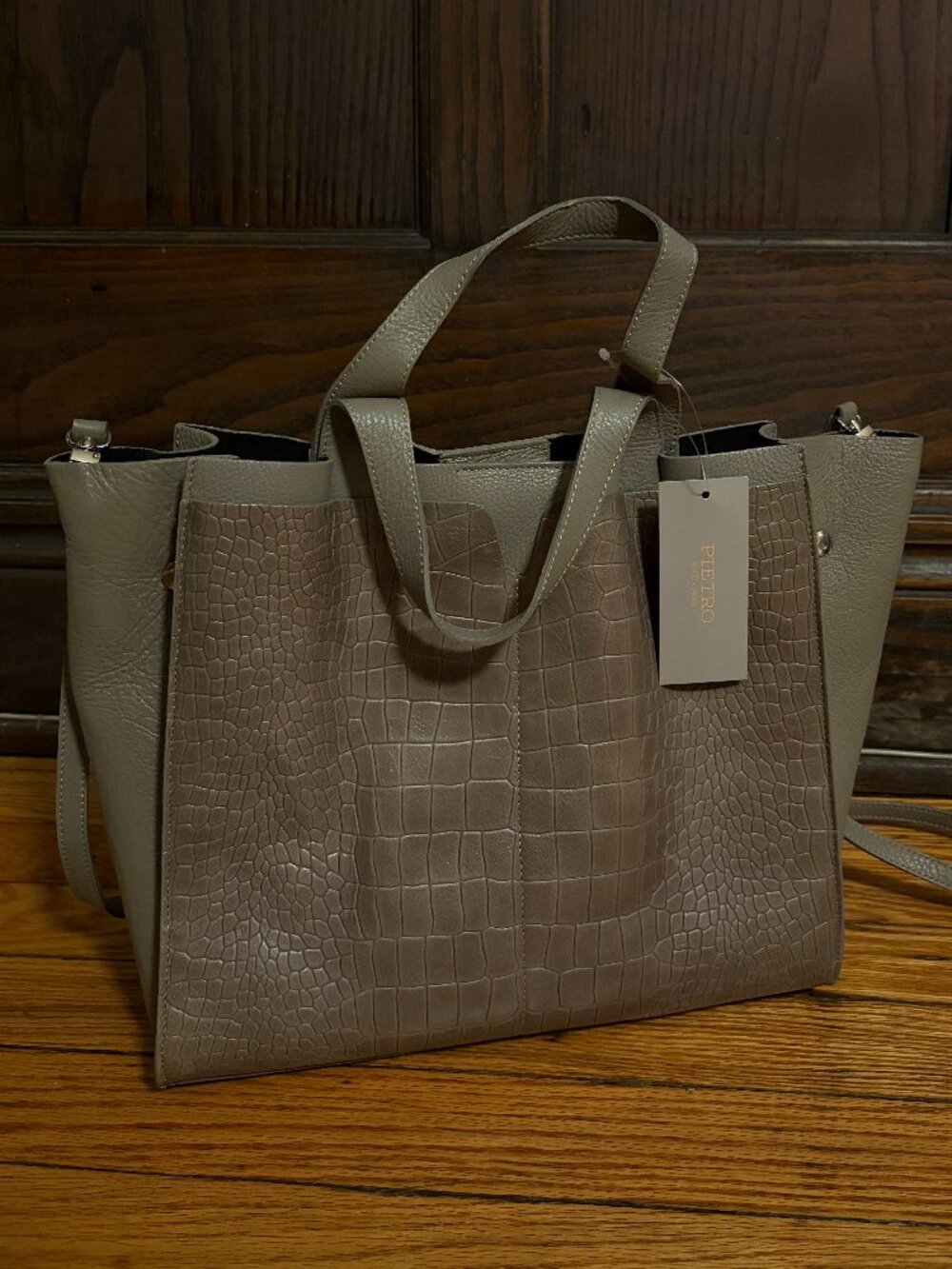 Pietro Taupe Italian Leather Croc-Embossed Tote Crossbody + Coin Purse NWT